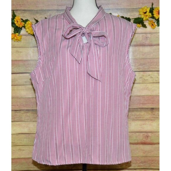Retrolicious Womens 1X Red & White Gingham Stripe Sleeveless Blouse Top Bow Neck - Picture 1 of 12